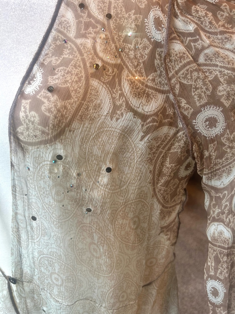 Rozae Nichols 100% Silk Sheer Rhinestone Crinkle Cardigan Jacket M - Picture 7 of 14